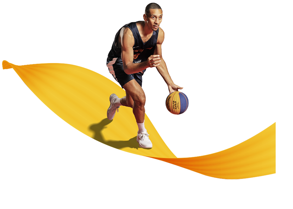 An athlete competing in NEOM's 3x3 basketball