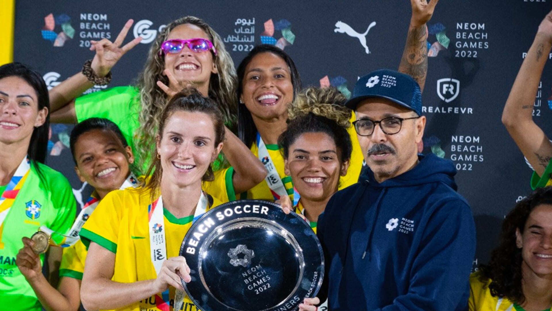NEOM beach soccer winning team being felicitated 