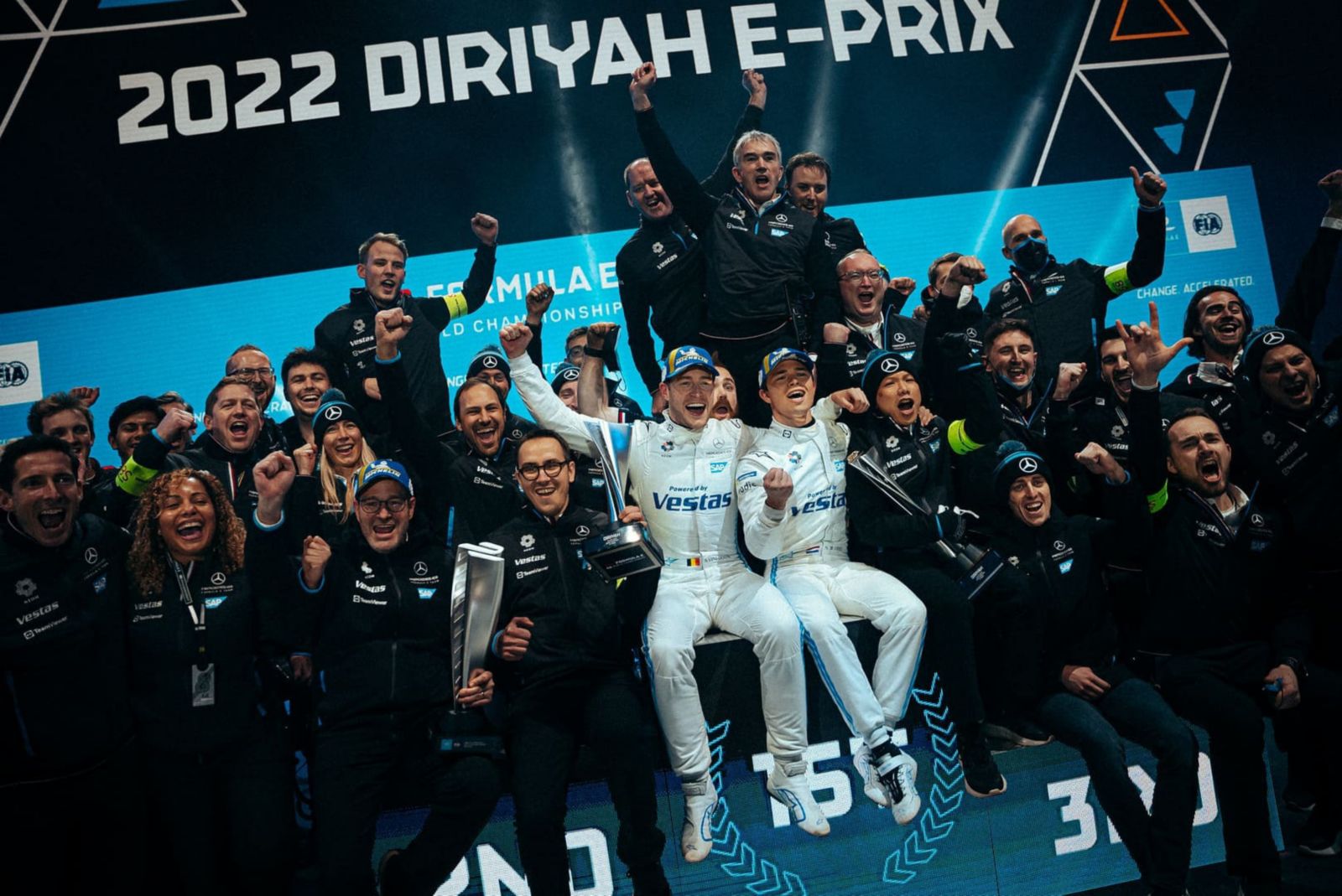 NEOM and Mercedes-EQ Formula E team celebrating the success