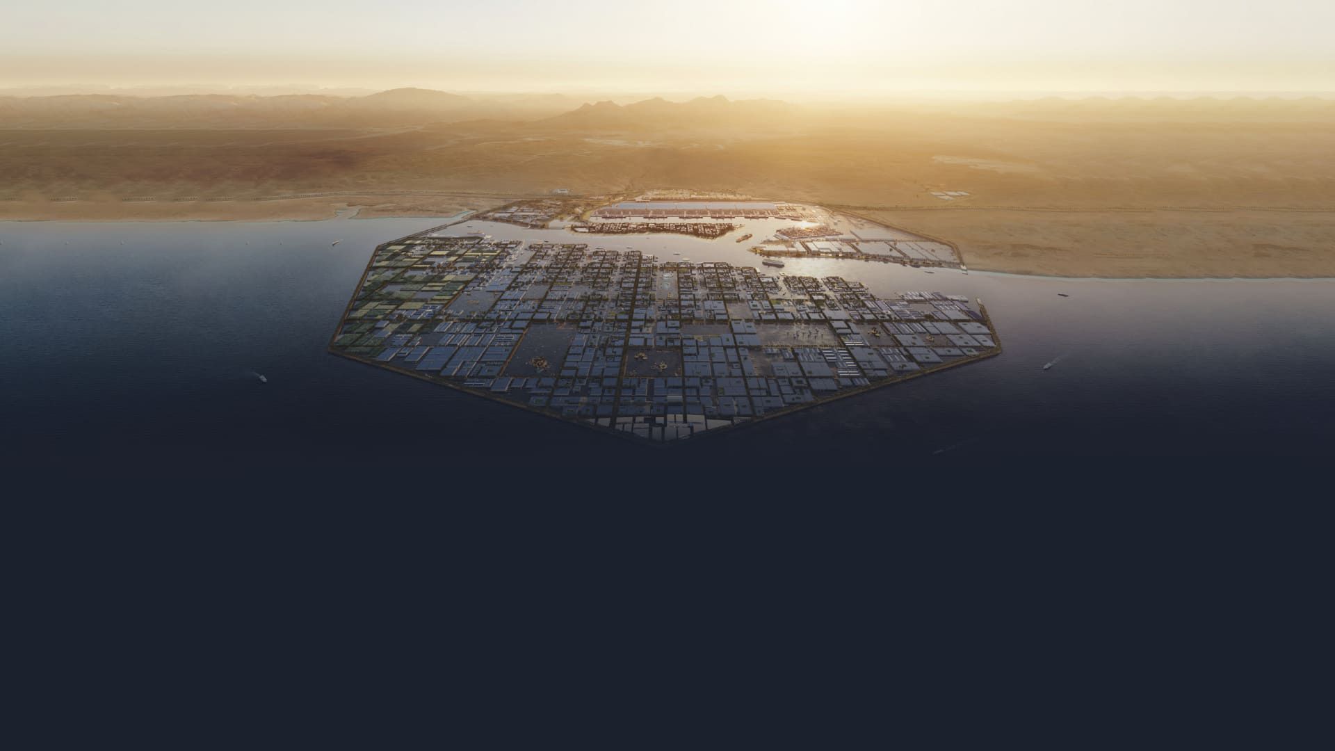 Luftaufnahme von Oxagon – Eine neu gestaltete Industriestadt in NEOM