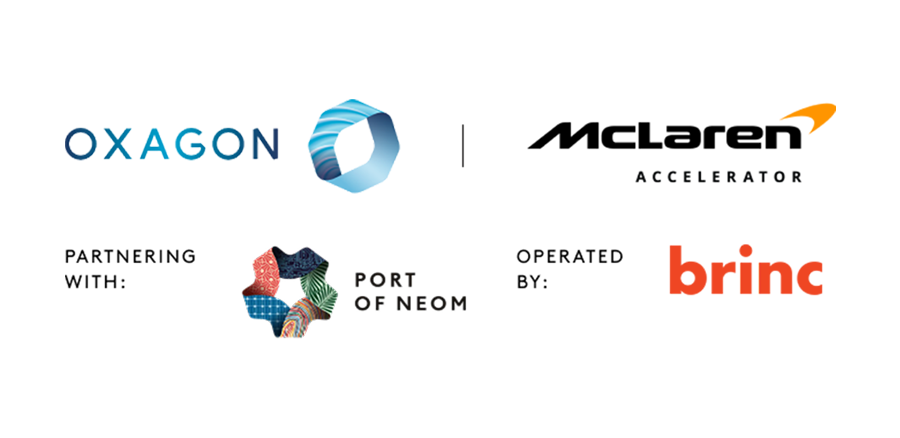  собирательное изображение, сочетающее логотип Oxagon, логотип McLaren Accelerator, логотип Port of NEOM и логотип Brinc