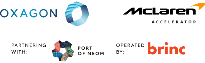  A collective image combining the Oxagon logo, McLaren Accelerator logo, Port of NEOM logo, and Brinc logo