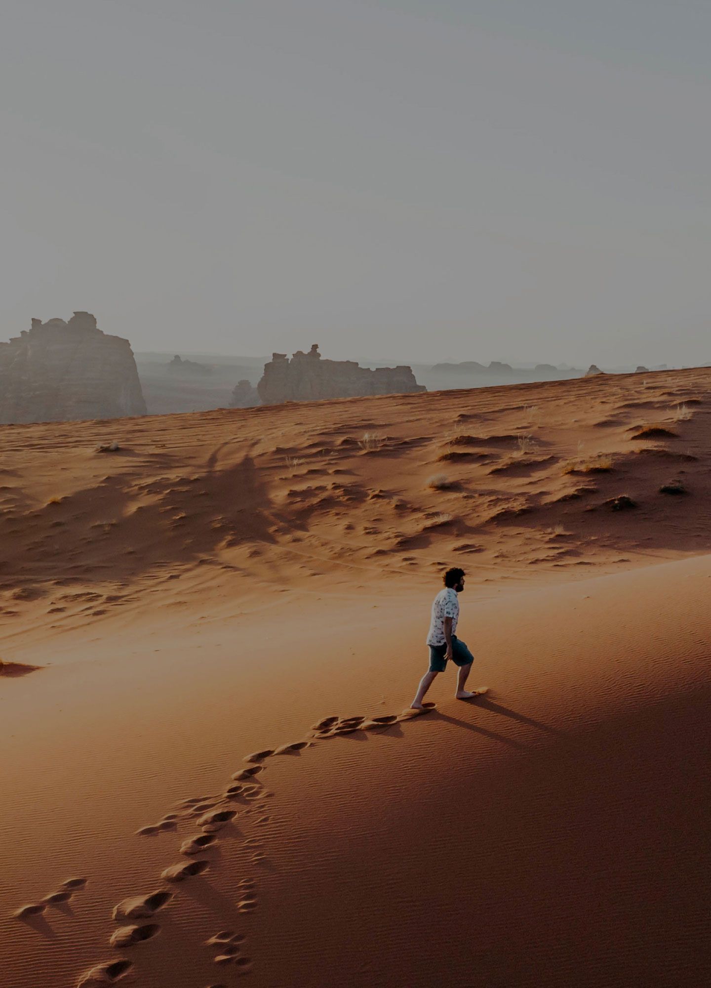 空中から見たNEOMの砂漠を歩く観光客