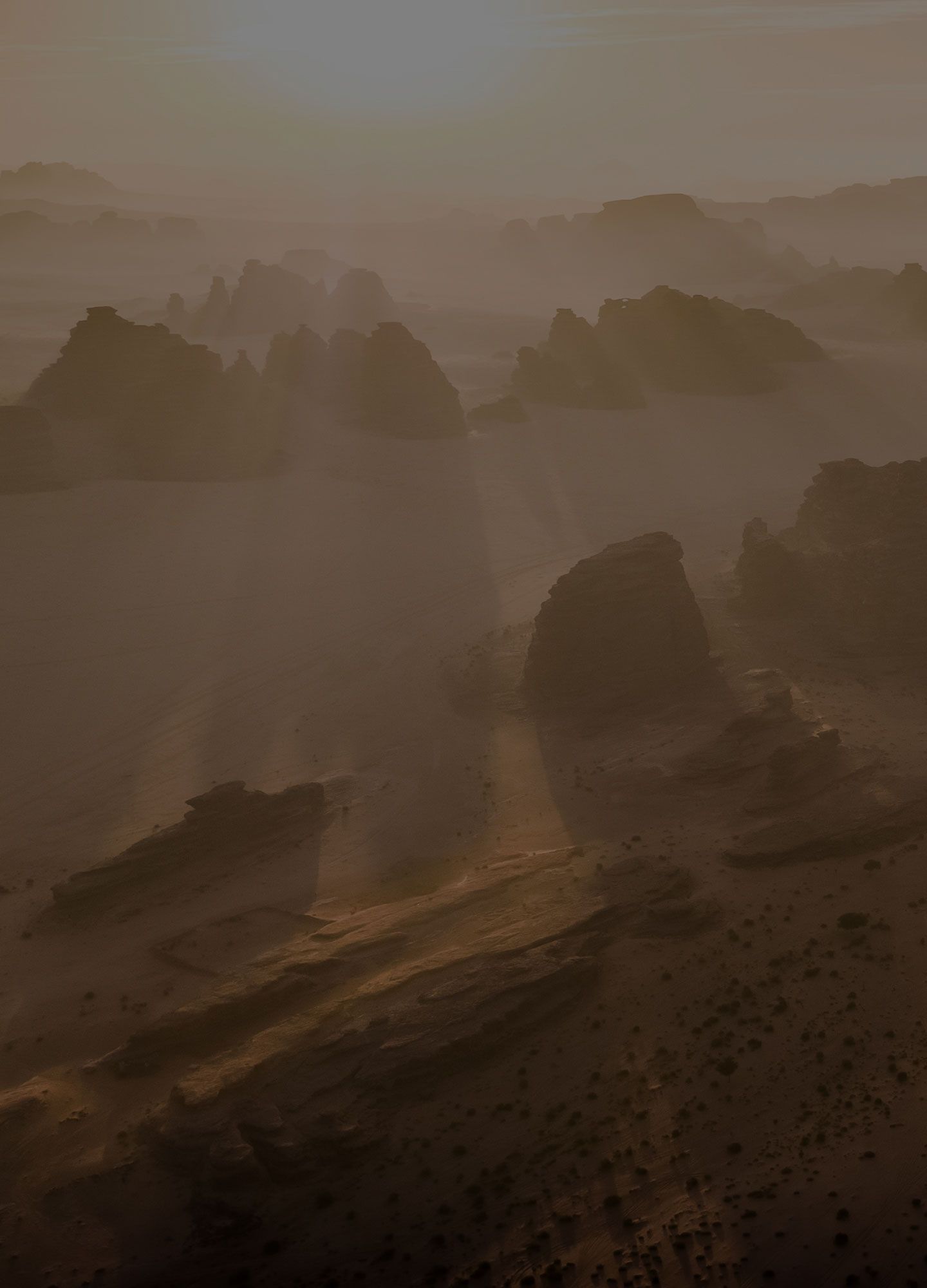 Luftaufnahme der NEOM-Berge mit Sonnenlicht, das durch die zerklüfteten Gipfel fällt